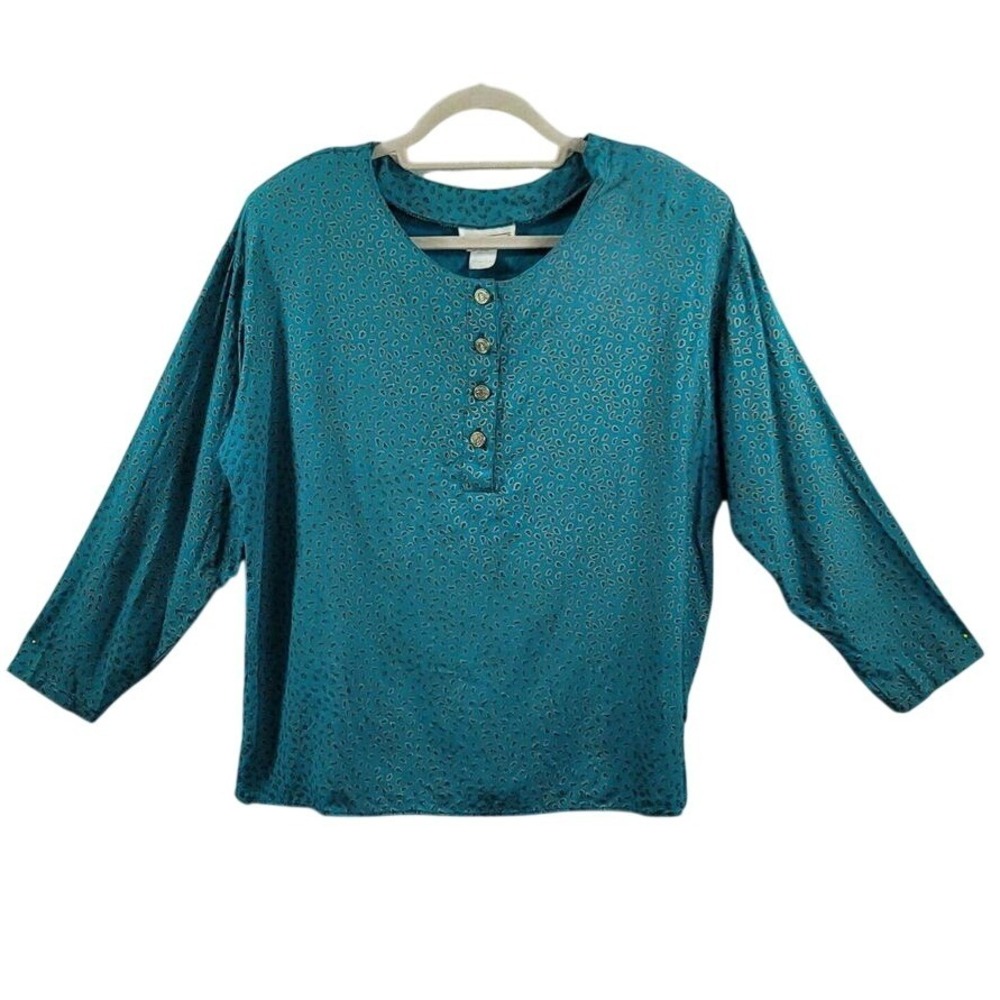STUDIO C Blouse Top Woman Large‎ Teal Paisley Print 3/4 Sleeve Button Neck VTG
